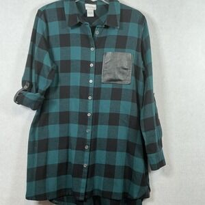 Soft Surroundings Long Sleeve Flannel Green Black Plaid Faux Leather Accents SM